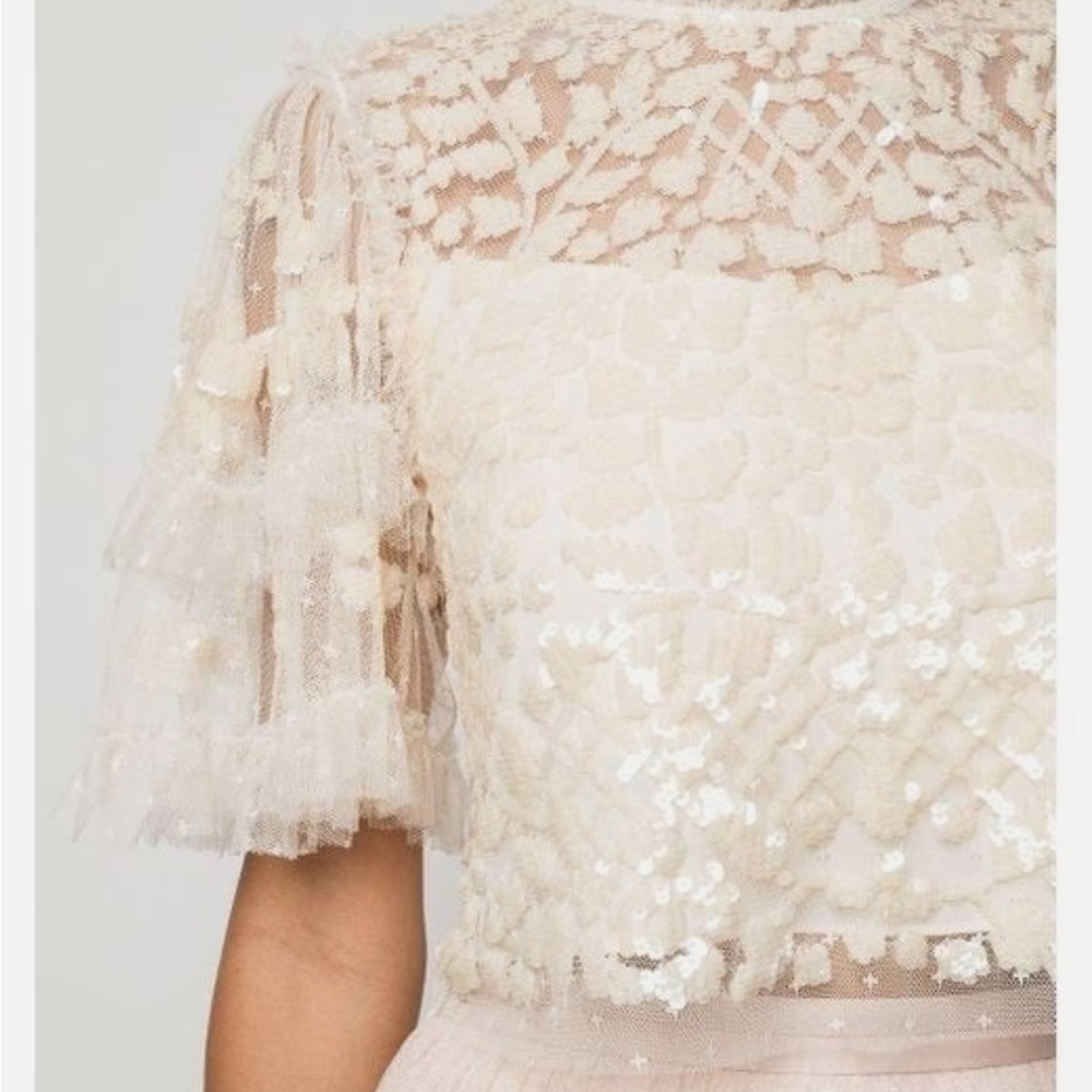 NEEDLE & THREAD Aurelia Sequin Embellished Top Natural Cream Ruffle Sheer Blouse - Picture 15 of 15